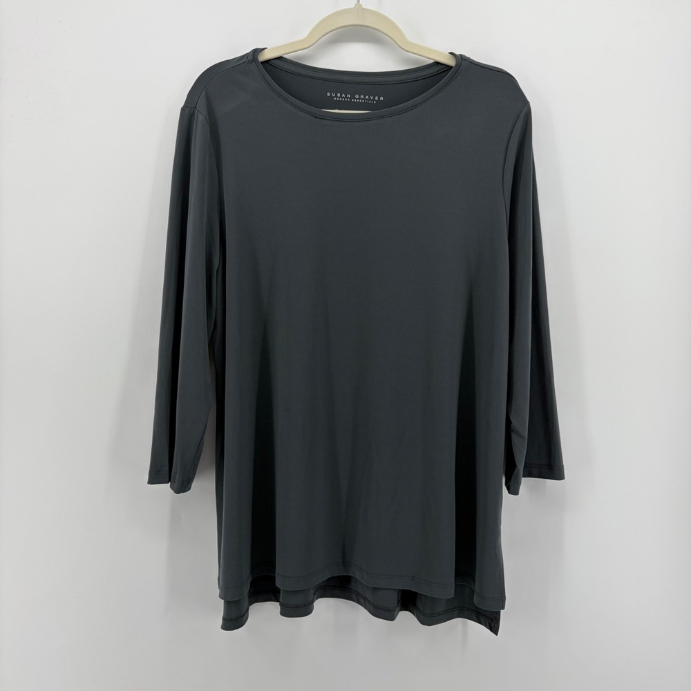 Susan Graver Womens Large Grey 3/4 Sleeve Liquid Knit Crew Neck Tunic Top